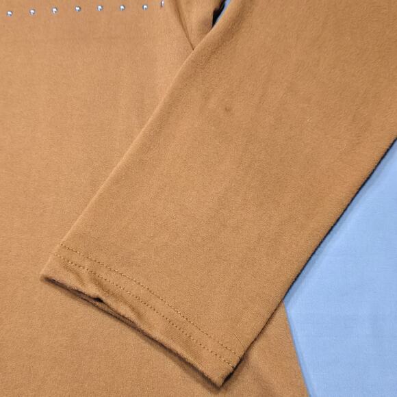 French Laundry Brown Cold Shoulder Shirt Stretch Studded Preppy Y2K Women Size L - Picture 9 of 12